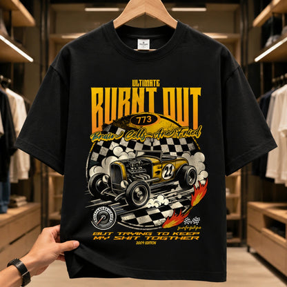 SURFNSWIPE Burnt Out Hot Rod oversized T-shirt in Black with bold yellow hot rod racing graphic and 'Ultimate Burnt Out' print
