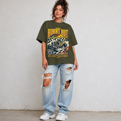 Woman wearing SURFNSWIPE Burnt Out Hot Rod oversized T-shirt in olive styled with ripped wide-leg jeans
