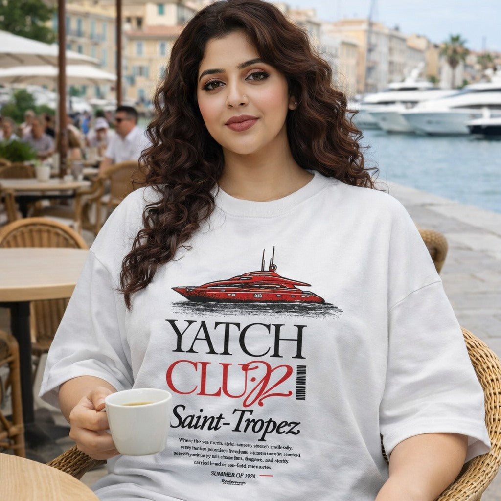 Woman wearing a 'Yatch Club Saint-Tropez' t-shirt sitting outdoors with water and yachts in the background.