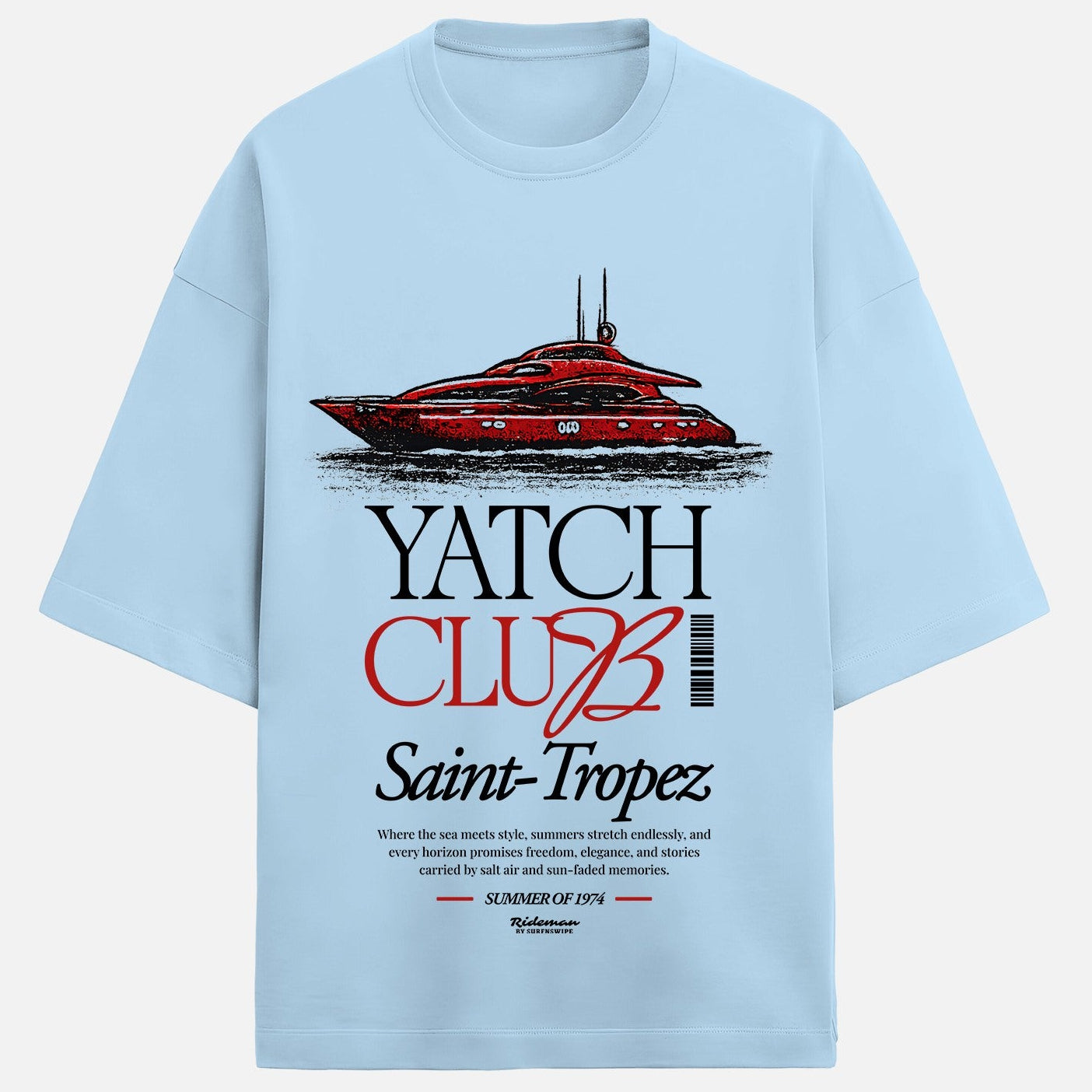 Light blue t-shirt with red yacht graphic and text on a white background