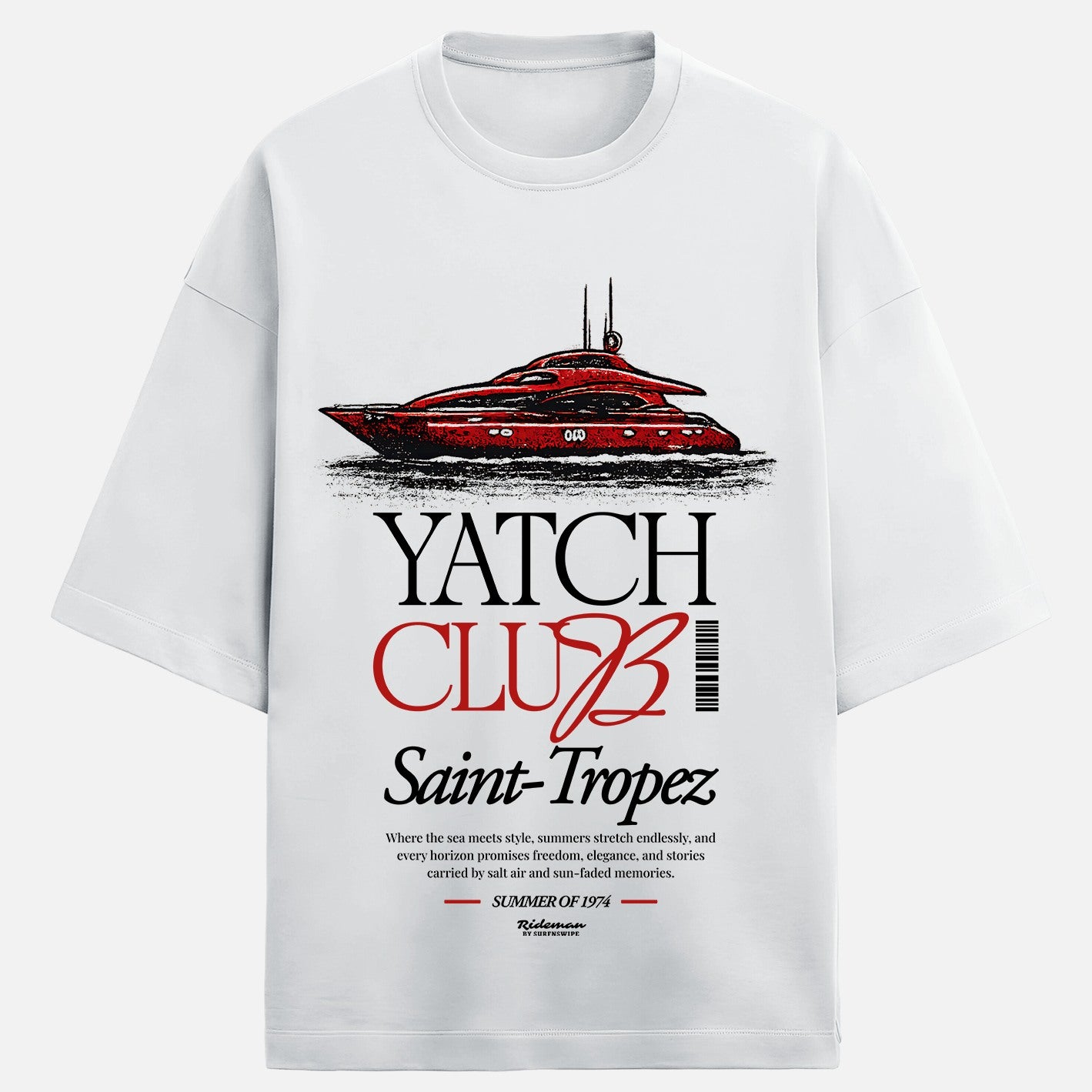 White t-shirt with red yacht graphic and 'Yacht Club Saint-Tropez' text on a white background