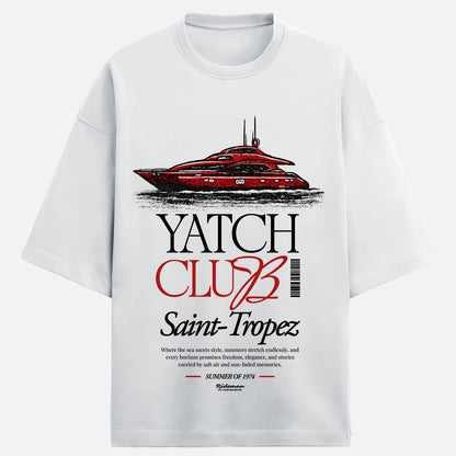 White t-shirt with red yacht graphic and 'Yacht Club Saint-Tropez' text on a white background