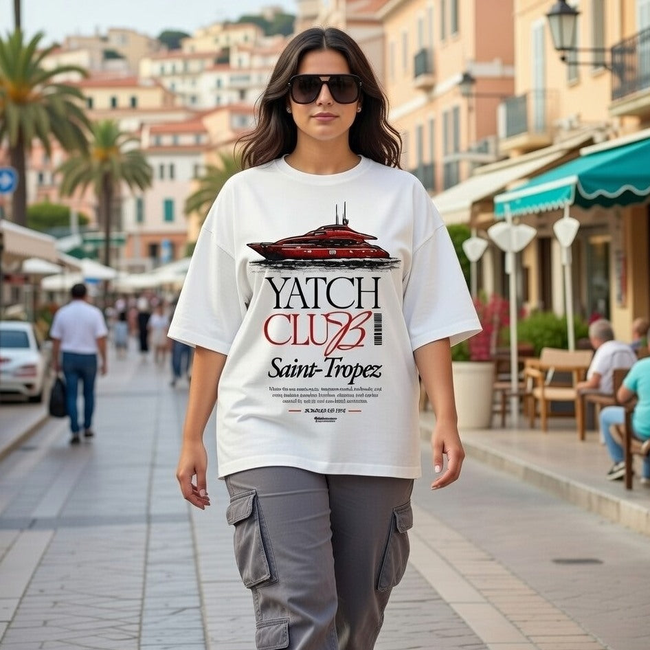 Woman wearing a white t-shirt with 'Yatch Club Saint-Tropez' design on a city street.