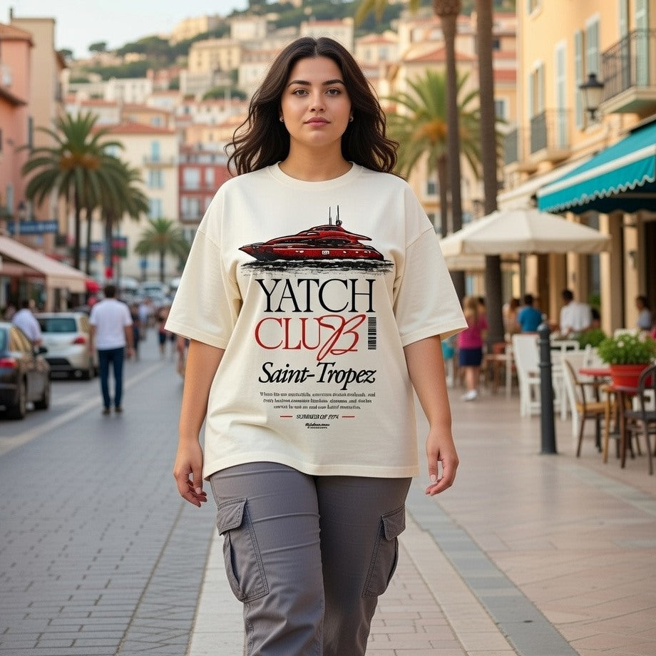 Woman wearing a 'Yatch Club Saint-Tropez' t-shirt on a city street.