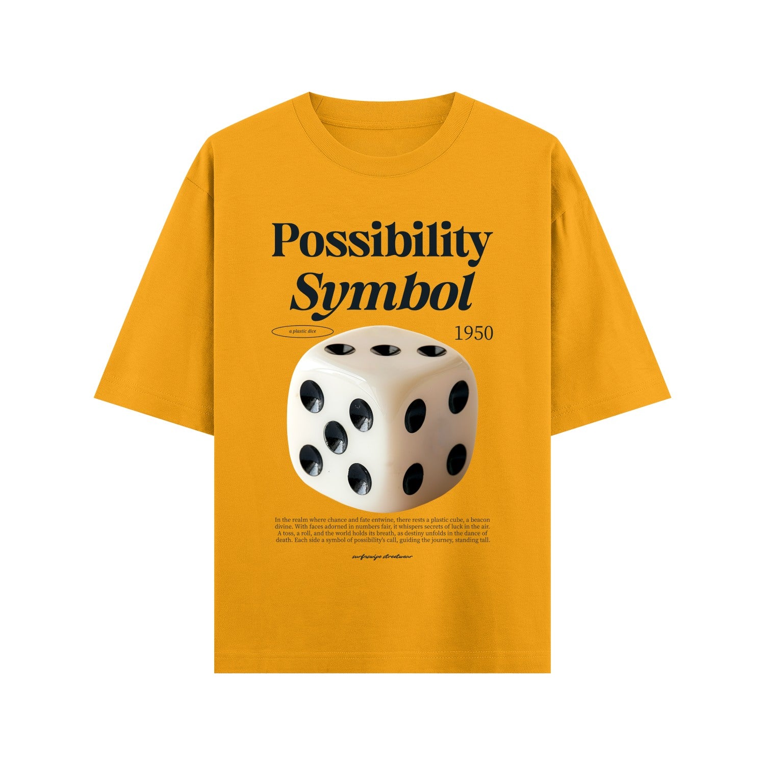 Yellow t-shirt with a die graphic and text on a white background