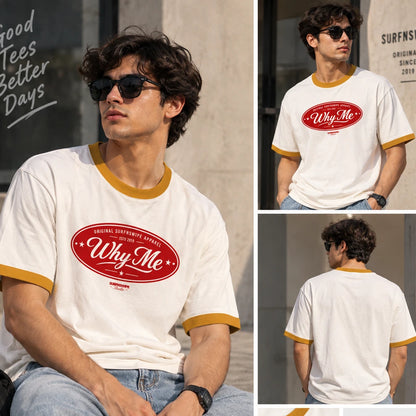 Close-up of yellow oval Why Me vintage graphic print on off-white ringer tee