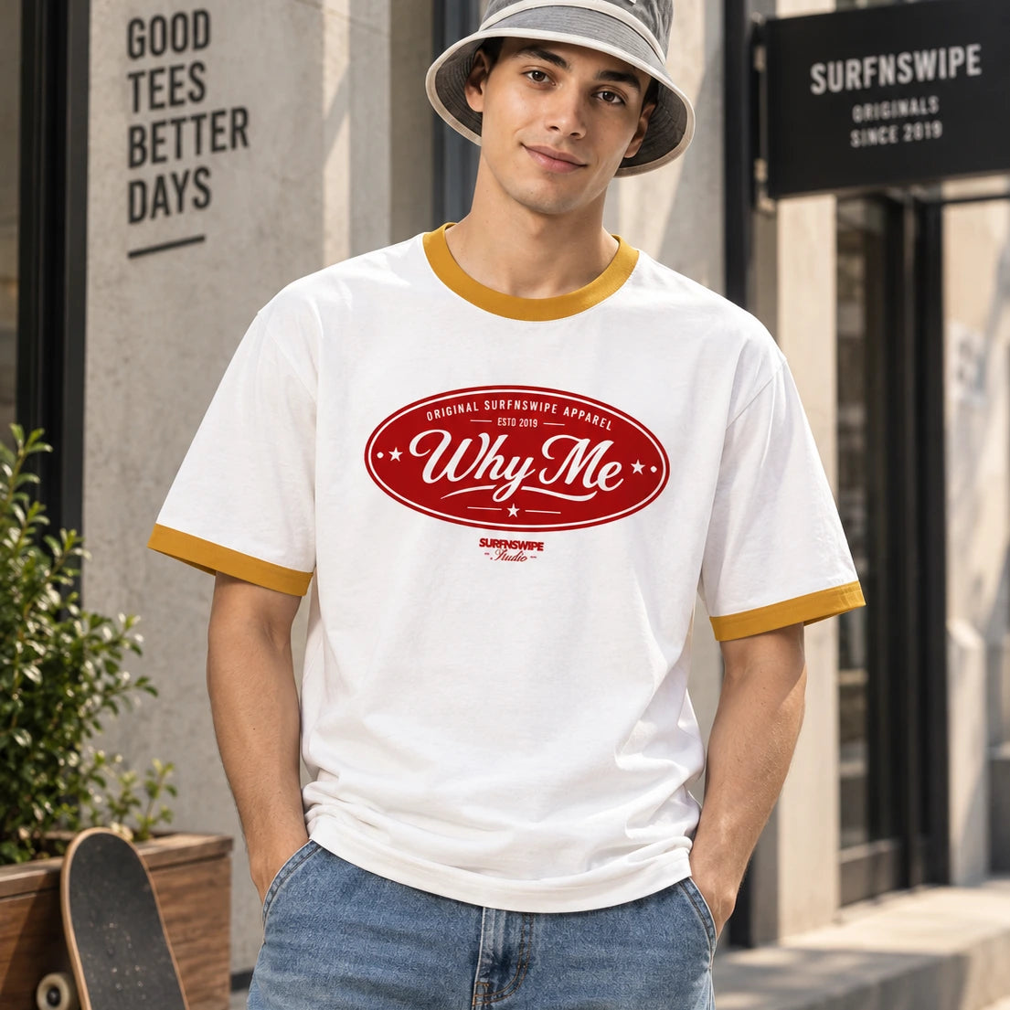 Close-up of yellow oval Why Me vintage graphic print on off-white ringer tee