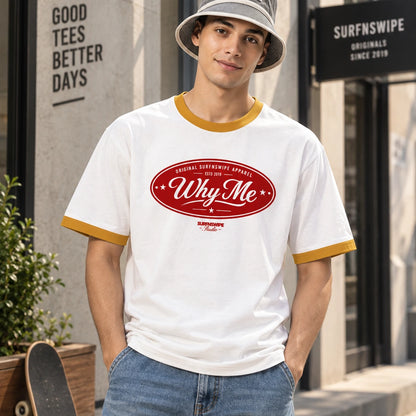 Close-up of yellow oval Why Me vintage graphic print on off-white ringer tee