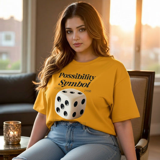 Woman wearing a yellow t-shirt with a dice graphic and text, sitting indoors.